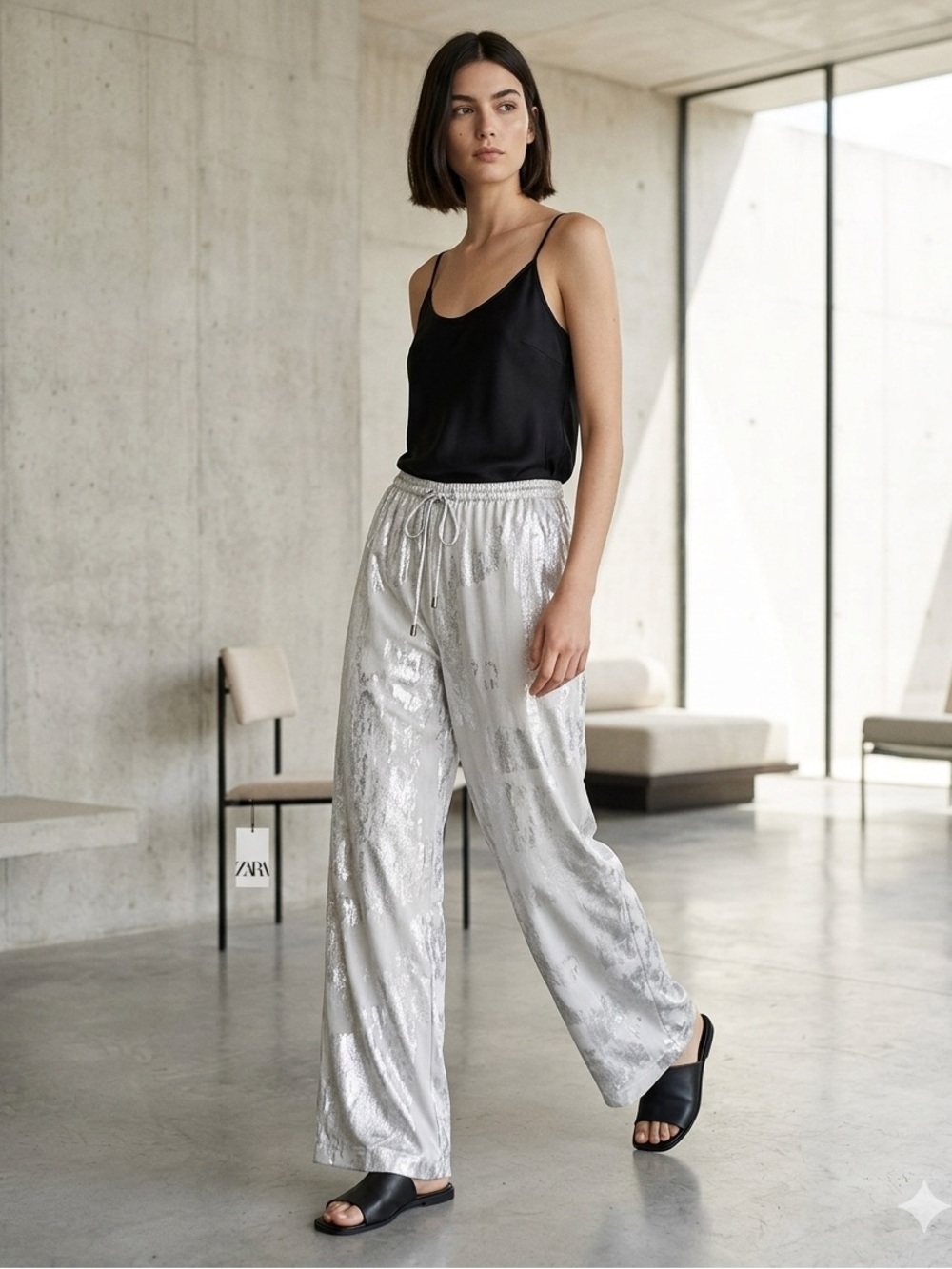 Zara White/Silver Metallic Wide-Leg High-Rise Pants.